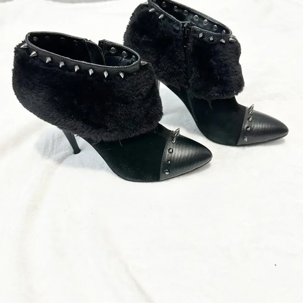ABS Allen Schwartz Black Studded Ankle Boots fur heeled booties spiked size 8